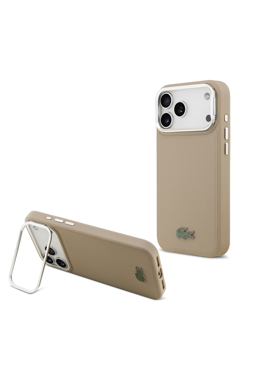 Apple iPhone 17 Pro Max Kılıf Lacoste Orijinal Lisanslı Manyetik Şarj Uyumlu PU Pike Desenli Standlı Metal Logolu Kapak