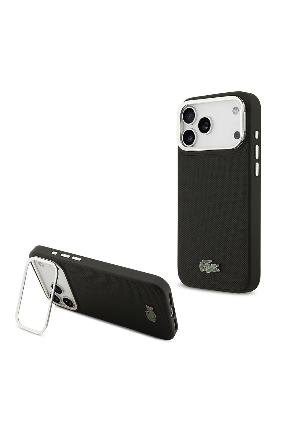 Apple iPhone 17 Pro Max Kılıf Lacoste Orijinal Lisanslı Manyetik Şarj Uyumlu PU Pike Desenli Standlı Metal Logolu Kapak