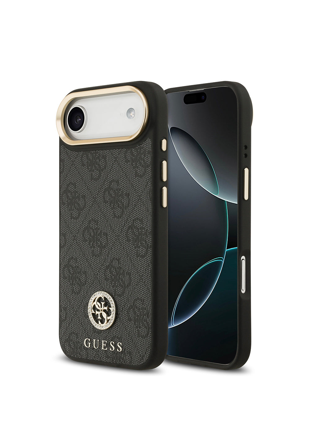 Apple iPhone 17 Air Kılıf Guess Orijinal Lisanslı Manyetik Şarj Uyumlu Gold Metal Kamera Çerçeveli Taşlı 4G Logolu Kapak