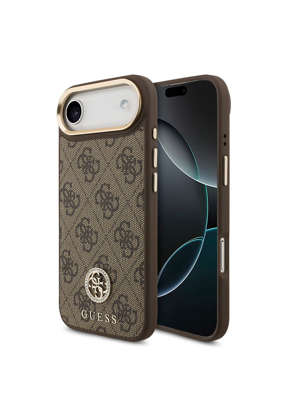 Apple iPhone 17 Air Kılıf Guess Orijinal Lisanslı Manyetik Şarj Uyumlu Gold Metal Kamera Çerçeveli Taşlı 4G Logolu Kapak
