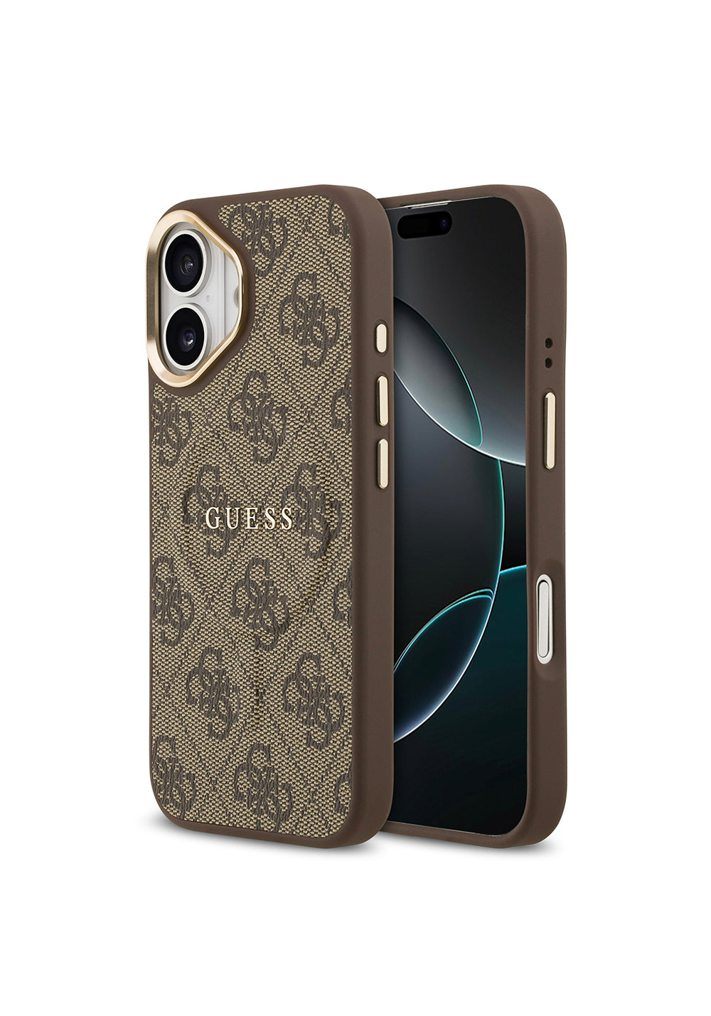 Apple iPhone 17 Kılıf Guess Orijinal Lisanslı Manyetik Şarj Uyumlu Gold Metal Kamera Çerçeveli PU Deri 4G Desenli Yazı Logolu Kapak