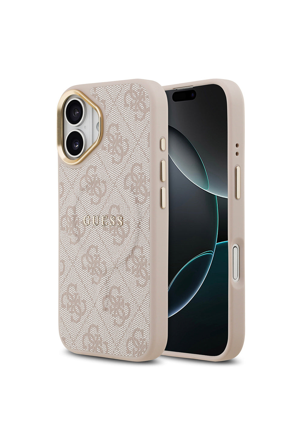 Apple iPhone 17 Kılıf Guess Orijinal Lisanslı Manyetik Şarj Uyumlu Gold Metal Kamera Çerçeveli PU Deri 4G Desenli Yazı Logolu Kapak