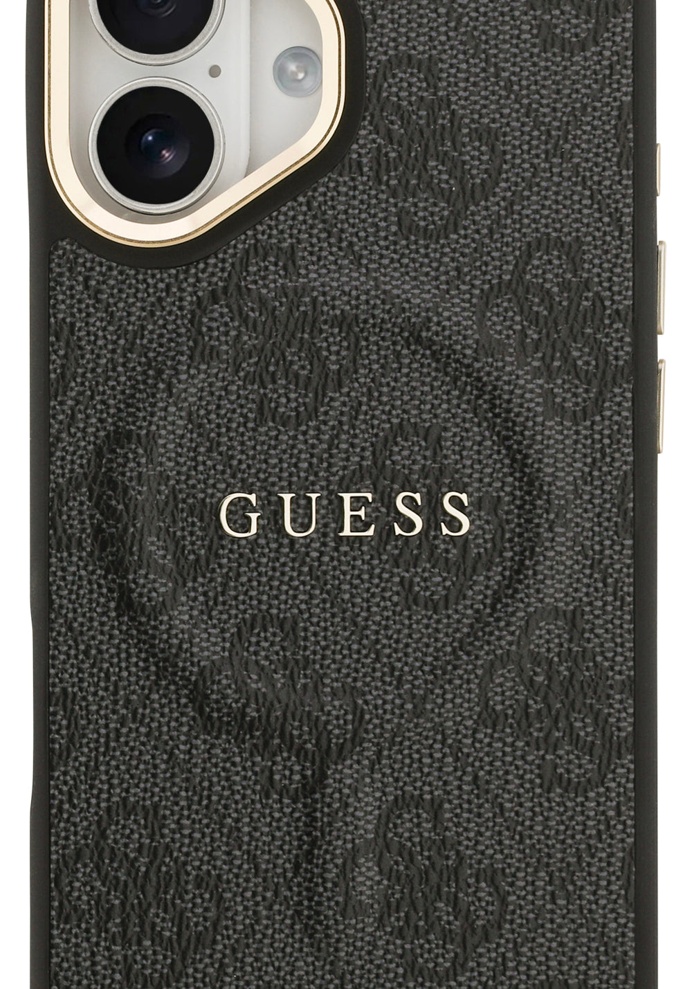 Apple iPhone 17 Kılıf Guess Orijinal Lisanslı Manyetik Şarj Uyumlu Gold Metal Kamera Çerçeveli PU Deri 4G Desenli Yazı Logolu Kapak