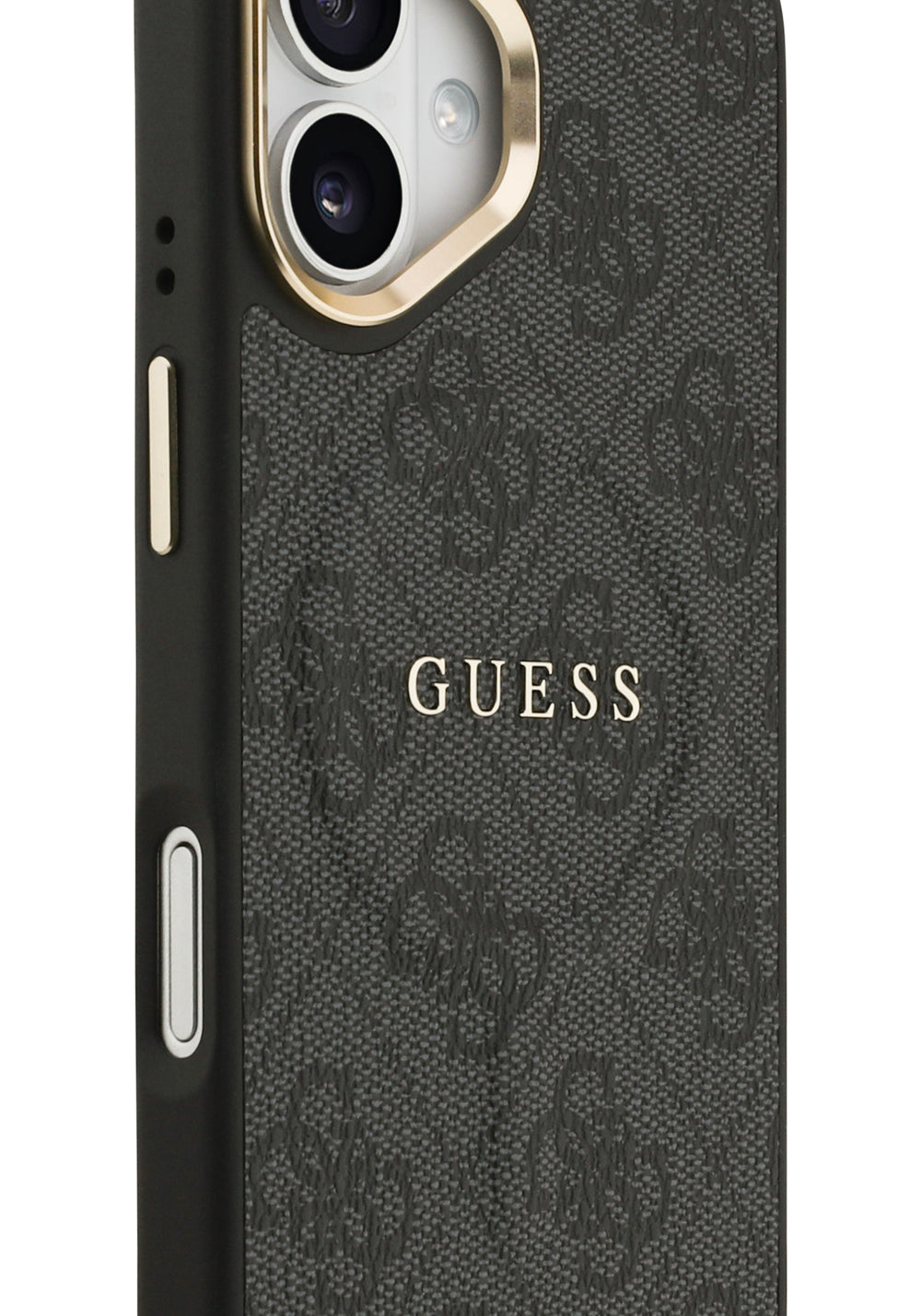 Apple iPhone 17 Kılıf Guess Orijinal Lisanslı Manyetik Şarj Uyumlu Gold Metal Kamera Çerçeveli PU Deri 4G Desenli Yazı Logolu Kapak