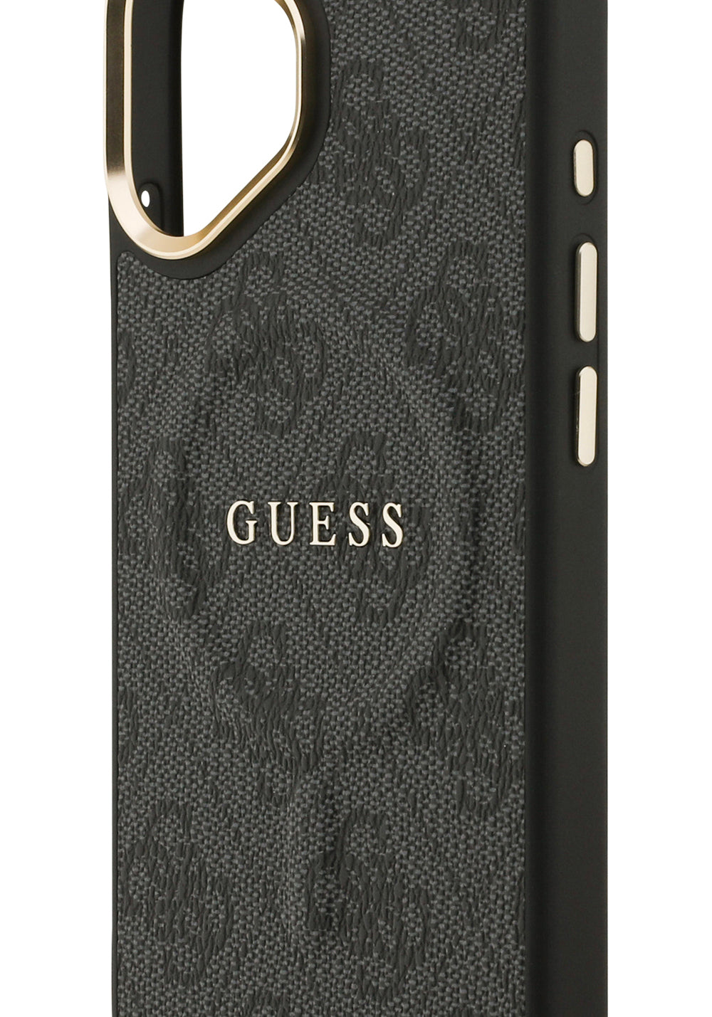 Apple iPhone 17 Kılıf Guess Orijinal Lisanslı Manyetik Şarj Uyumlu Gold Metal Kamera Çerçeveli PU Deri 4G Desenli Yazı Logolu Kapak