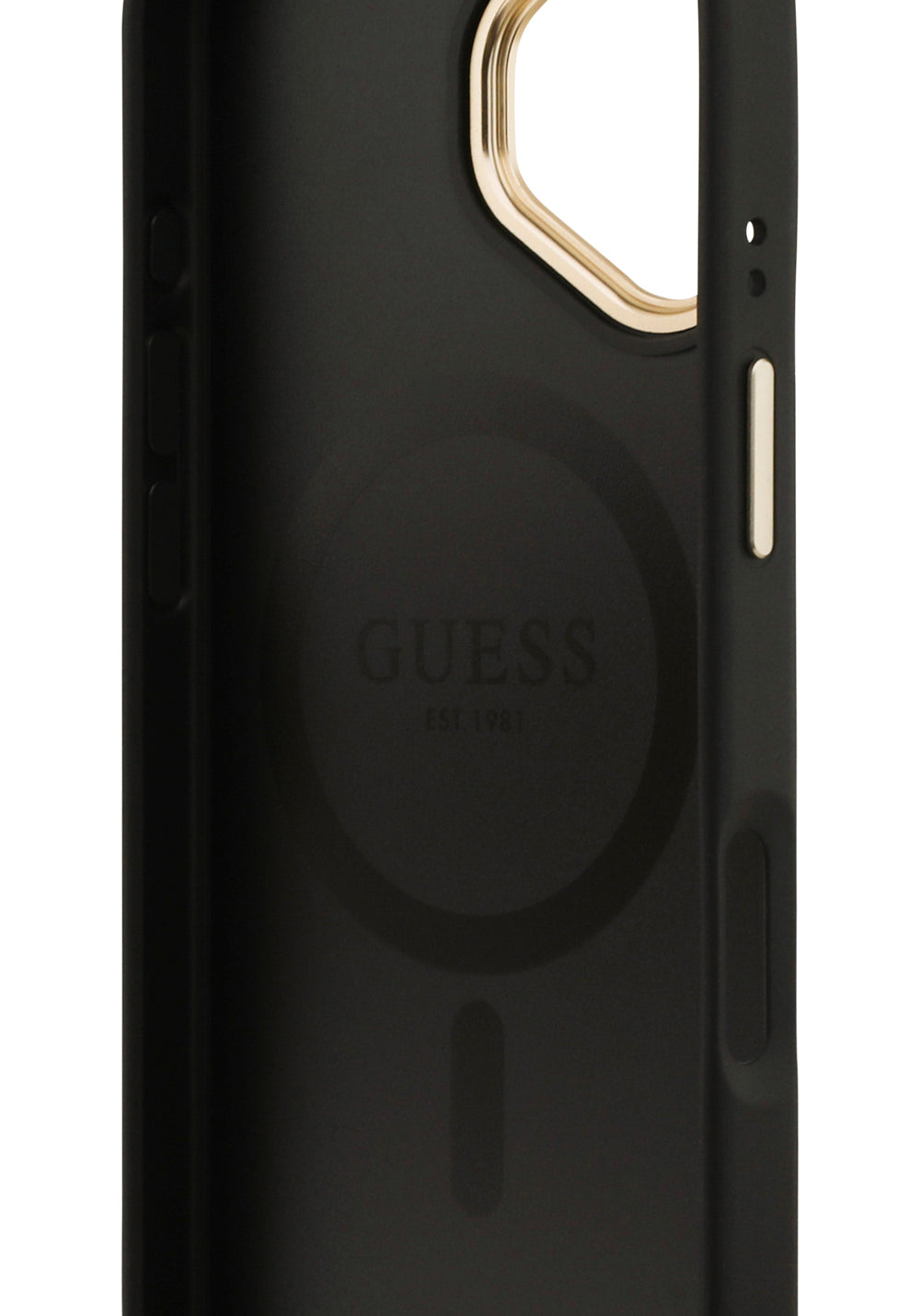 Apple iPhone 17 Kılıf Guess Orijinal Lisanslı Manyetik Şarj Uyumlu Gold Metal Kamera Çerçeveli PU Deri 4G Desenli Yazı Logolu Kapak