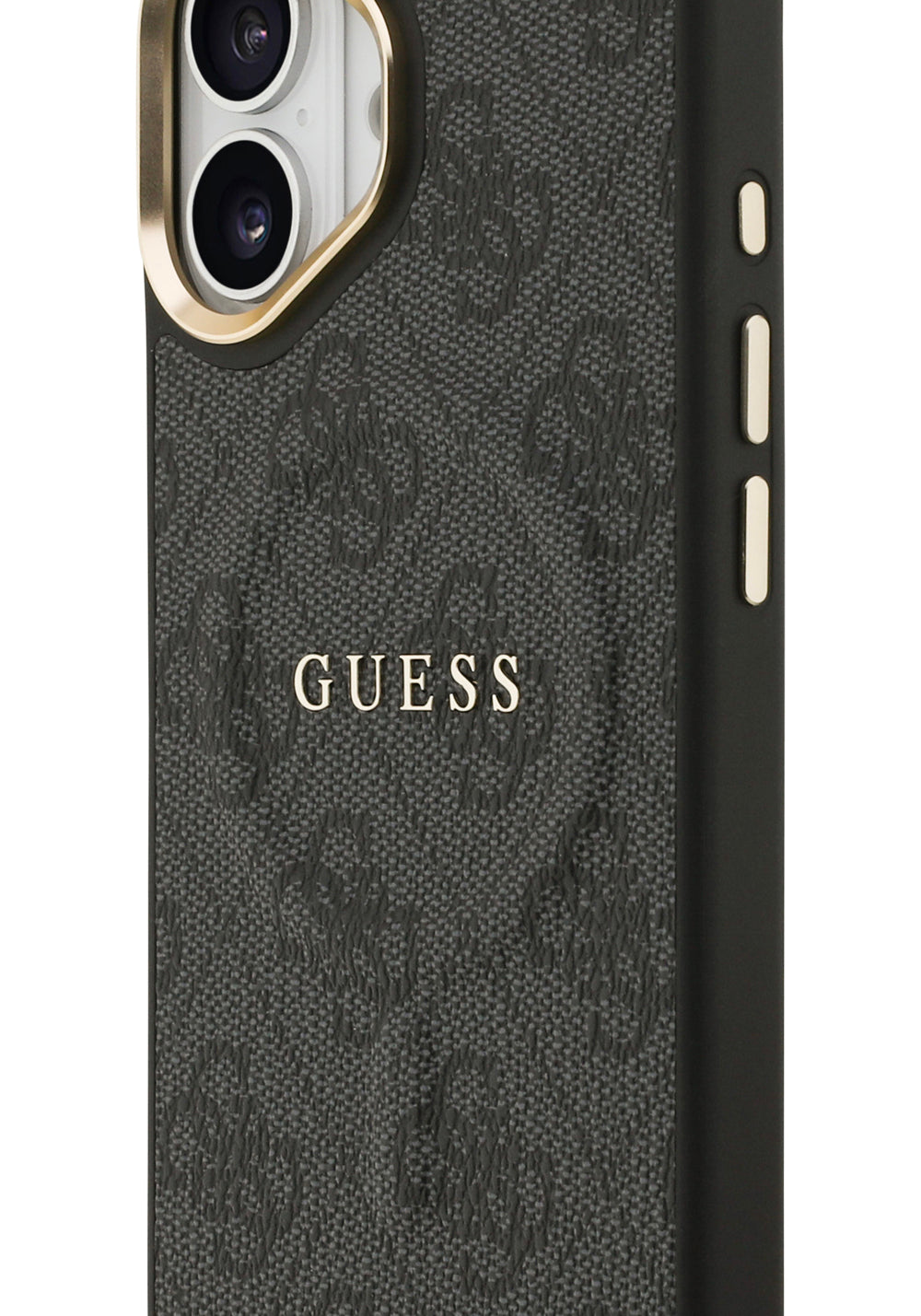 Apple iPhone 17 Kılıf Guess Orijinal Lisanslı Manyetik Şarj Uyumlu Gold Metal Kamera Çerçeveli PU Deri 4G Desenli Yazı Logolu Kapak