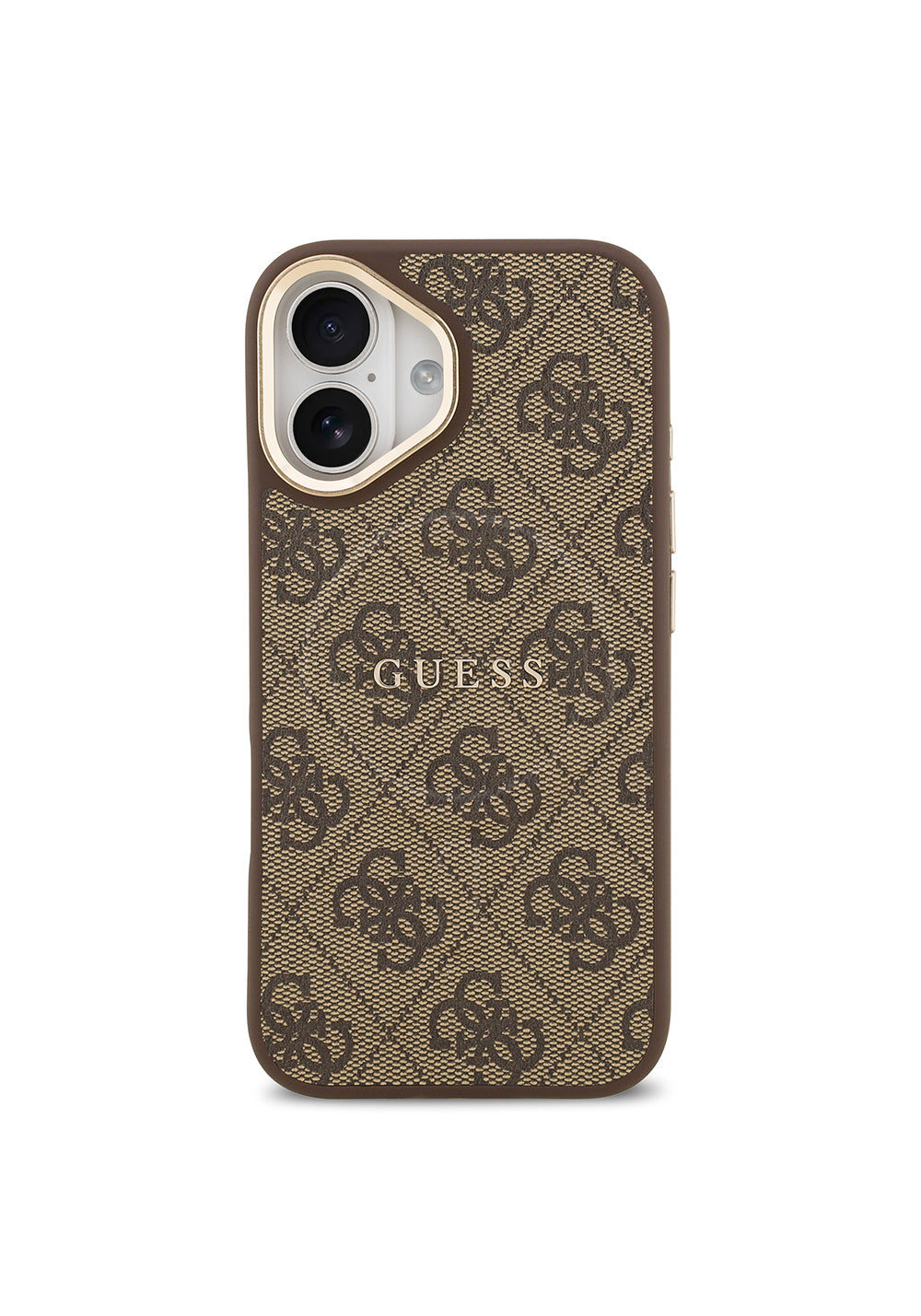 Apple iPhone 17 Kılıf Guess Orijinal Lisanslı Manyetik Şarj Uyumlu Gold Metal Kamera Çerçeveli PU Deri 4G Desenli Yazı Logolu Kapak
