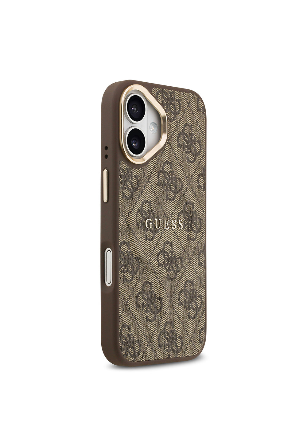 Apple iPhone 17 Kılıf Guess Orijinal Lisanslı Manyetik Şarj Uyumlu Gold Metal Kamera Çerçeveli PU Deri 4G Desenli Yazı Logolu Kapak