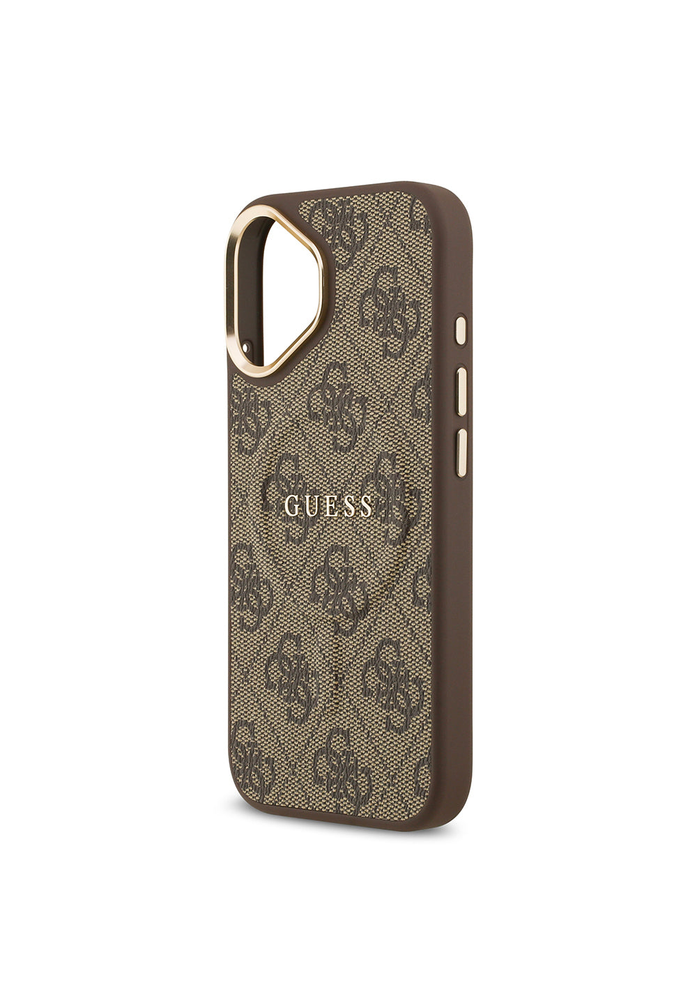 Apple iPhone 17 Kılıf Guess Orijinal Lisanslı Manyetik Şarj Uyumlu Gold Metal Kamera Çerçeveli PU Deri 4G Desenli Yazı Logolu Kapak