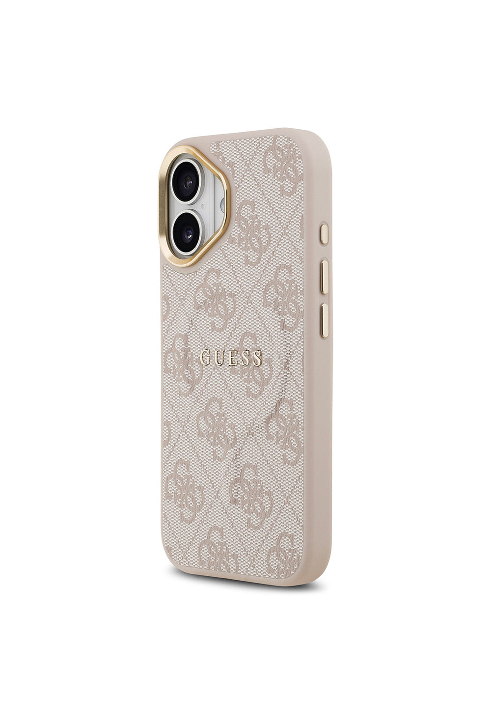 Apple iPhone 17 Kılıf Guess Orijinal Lisanslı Manyetik Şarj Uyumlu Gold Metal Kamera Çerçeveli PU Deri 4G Desenli Yazı Logolu Kapak