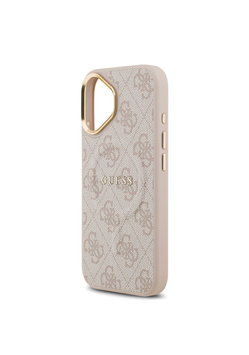 Apple iPhone 17 Kılıf Guess Orijinal Lisanslı Manyetik Şarj Uyumlu Gold Metal Kamera Çerçeveli PU Deri 4G Desenli Yazı Logolu Kapak