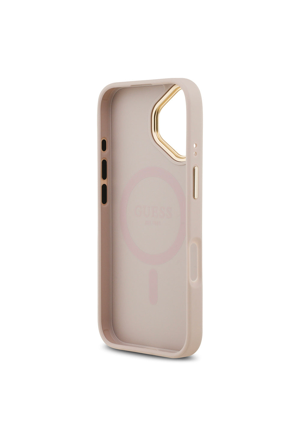 Apple iPhone 17 Kılıf Guess Orijinal Lisanslı Manyetik Şarj Uyumlu Gold Metal Kamera Çerçeveli PU Deri 4G Desenli Yazı Logolu Kapak