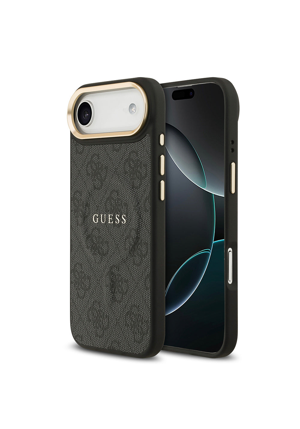 Apple iPhone 17 Air Kılıf Guess Orijinal Lisanslı Manyetik Şarj Uyumlu Gold Metal Kamera Çerçeveli PU Deri 4G Desenli Yazı Logolu Kapak