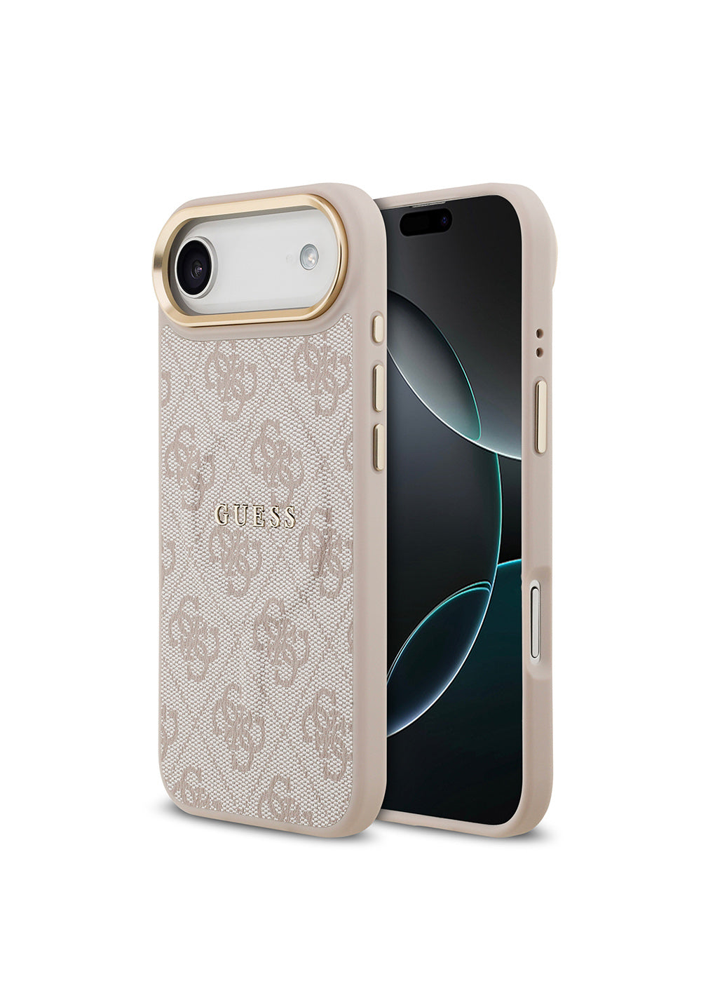 Apple iPhone 17 Air Kılıf Guess Orijinal Lisanslı Manyetik Şarj Uyumlu Gold Metal Kamera Çerçeveli PU Deri 4G Desenli Yazı Logolu Kapak