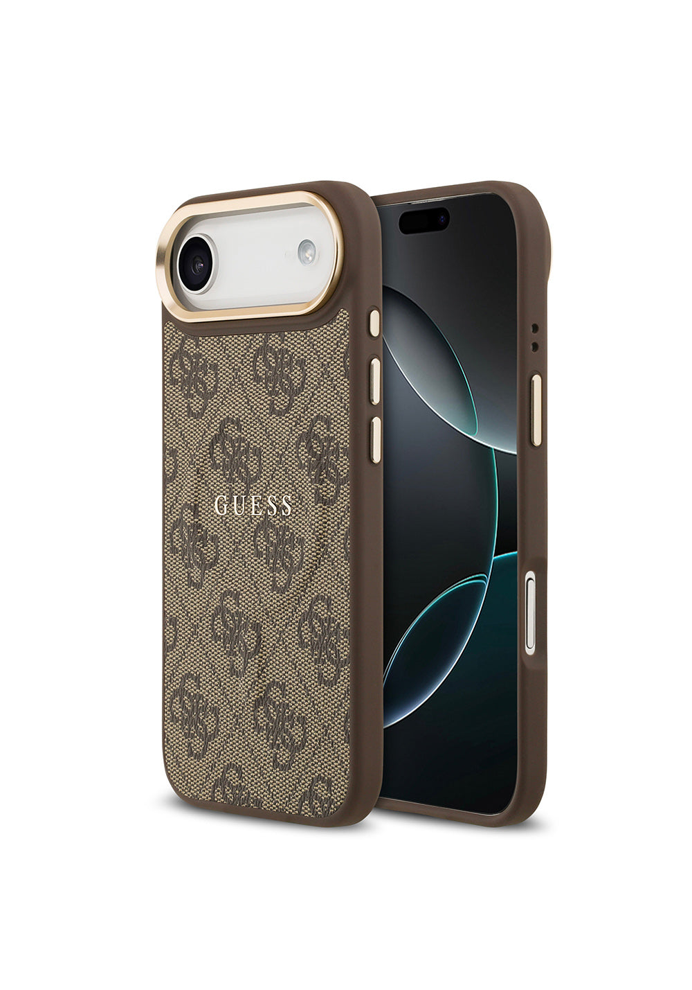 Apple iPhone 17 Air Kılıf Guess Orijinal Lisanslı Manyetik Şarj Uyumlu Gold Metal Kamera Çerçeveli PU Deri 4G Desenli Yazı Logolu Kapak
