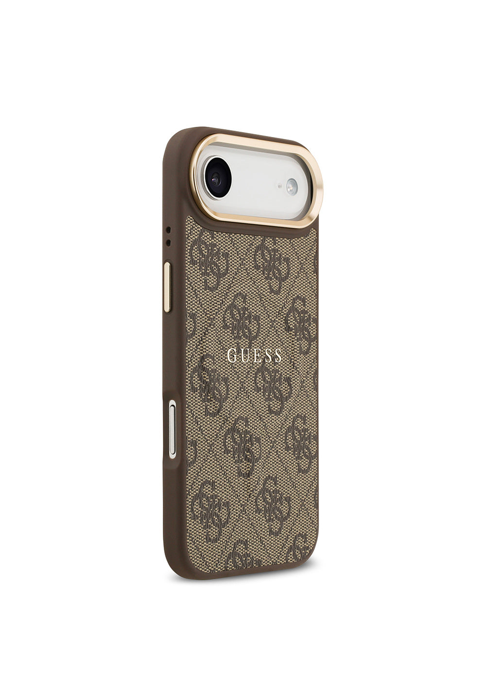 Apple iPhone 17 Air Kılıf Guess Orijinal Lisanslı Manyetik Şarj Uyumlu Gold Metal Kamera Çerçeveli PU Deri 4G Desenli Yazı Logolu Kapak