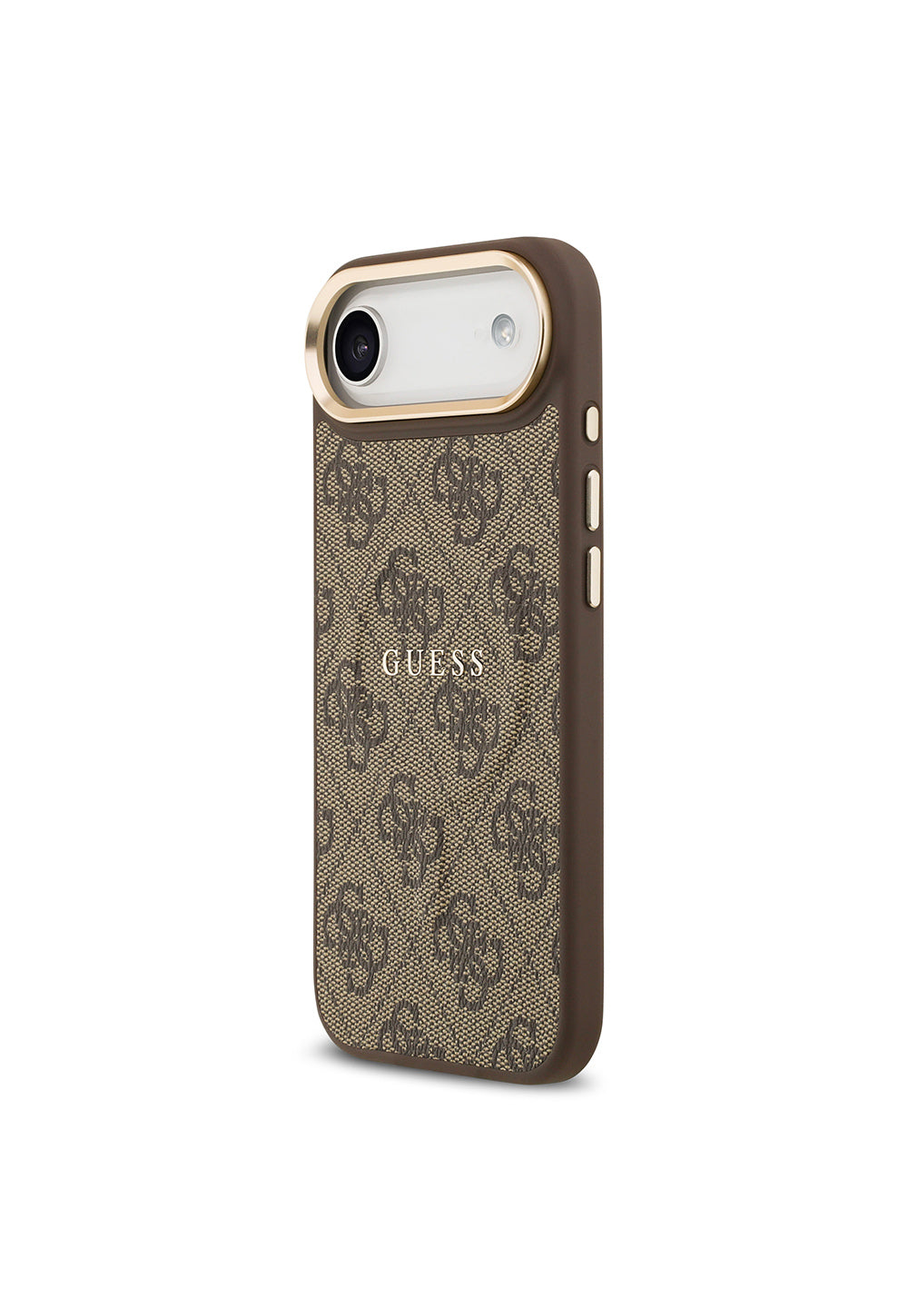 Apple iPhone 17 Air Kılıf Guess Orijinal Lisanslı Manyetik Şarj Uyumlu Gold Metal Kamera Çerçeveli PU Deri 4G Desenli Yazı Logolu Kapak