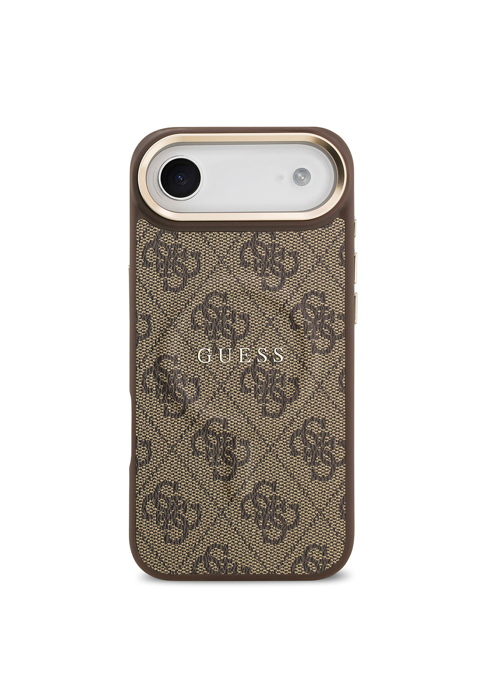 Apple iPhone 17 Air Kılıf Guess Orijinal Lisanslı Manyetik Şarj Uyumlu Gold Metal Kamera Çerçeveli PU Deri 4G Desenli Yazı Logolu Kapak