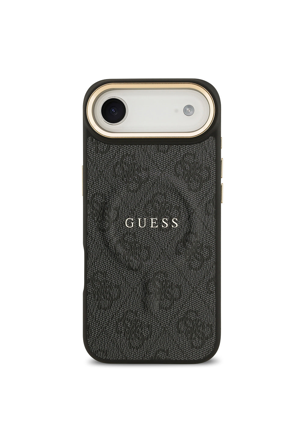 Apple iPhone 17 Air Kılıf Guess Orijinal Lisanslı Manyetik Şarj Uyumlu Gold Metal Kamera Çerçeveli PU Deri 4G Desenli Yazı Logolu Kapak