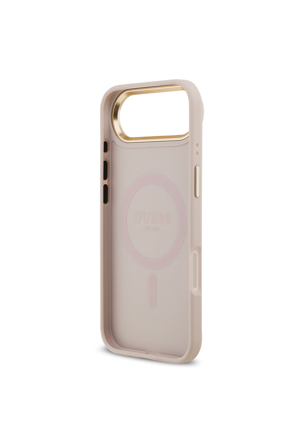Apple iPhone 17 Air Kılıf Guess Orijinal Lisanslı Manyetik Şarj Uyumlu Gold Metal Kamera Çerçeveli PU Deri 4G Desenli Yazı Logolu Kapak