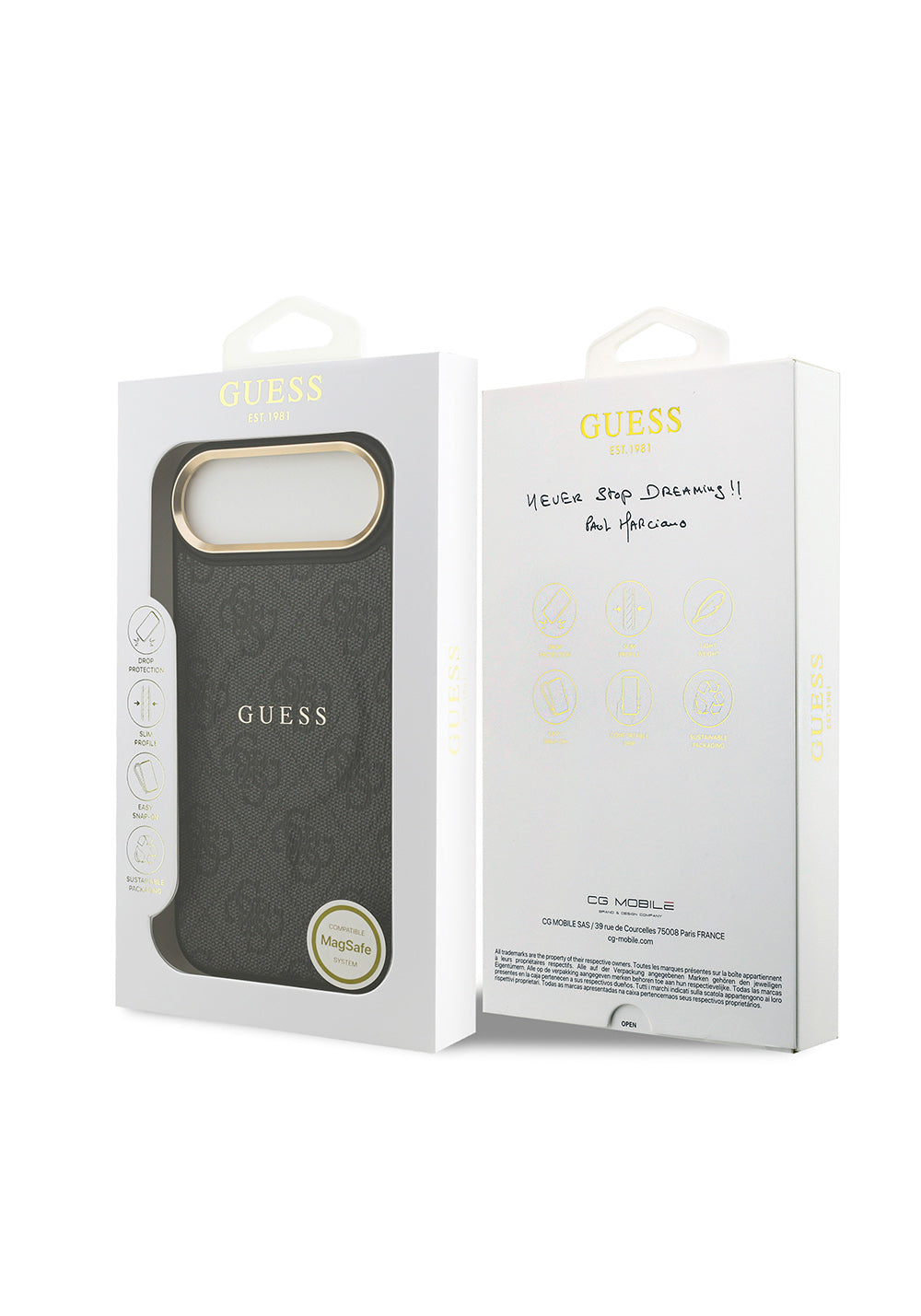 Apple iPhone 17 Air Kılıf Guess Orijinal Lisanslı Manyetik Şarj Uyumlu Gold Metal Kamera Çerçeveli PU Deri 4G Desenli Yazı Logolu Kapak