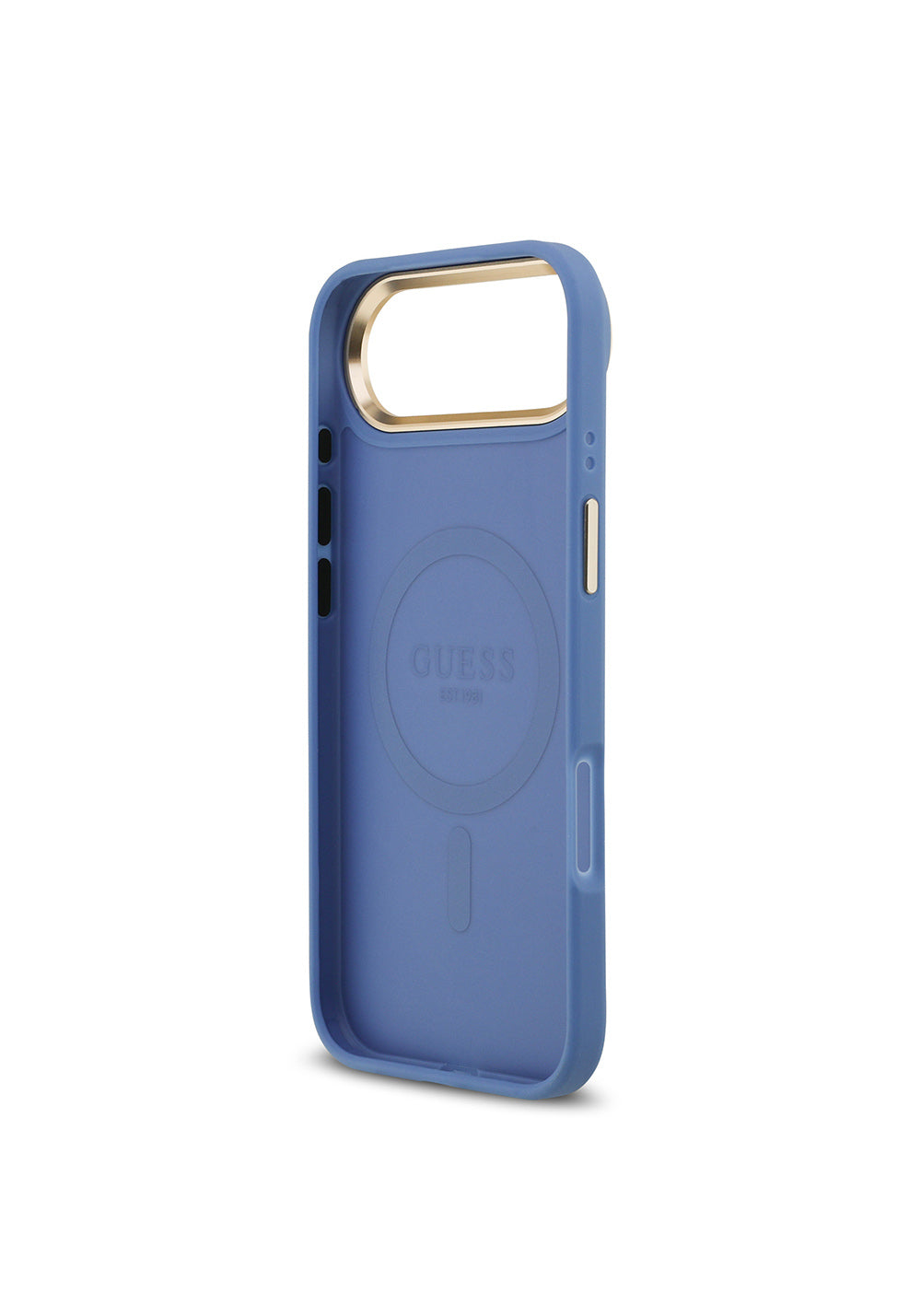 Apple iPhone 17 Air Kılıf Guess Orijinal Lisanslı Manyetik Şarj Uyumlu Gold Metal Kamera Çerçeveli PU Deri 4G Desenli Yazı Logolu Kapak