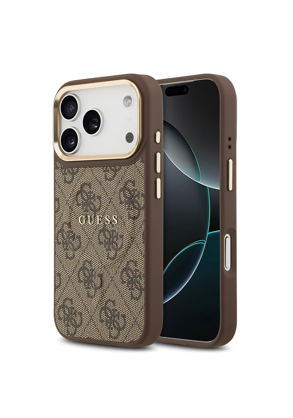 Apple iPhone 17 Pro Kılıf Guess Orijinal Lisanslı Manyetik Şarj Uyumlu Gold Metal Kamera Çerçeveli PU Deri 4G Desenli Yazı Logolu Kapak