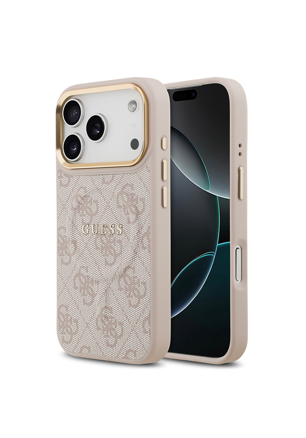 Apple iPhone 17 Pro Kılıf Guess Orijinal Lisanslı Manyetik Şarj Uyumlu Gold Metal Kamera Çerçeveli PU Deri 4G Desenli Yazı Logolu Kapak