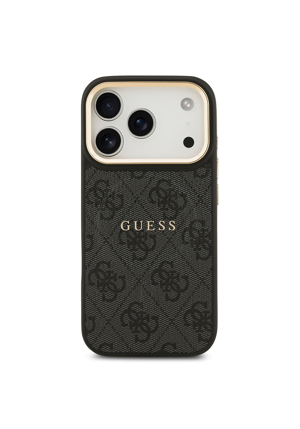 Apple iPhone 17 Pro Kılıf Guess Orijinal Lisanslı Manyetik Şarj Uyumlu Gold Metal Kamera Çerçeveli PU Deri 4G Desenli Yazı Logolu Kapak