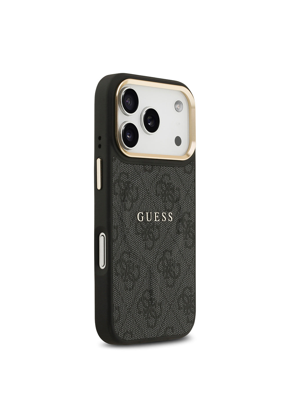 Apple iPhone 17 Pro Kılıf Guess Orijinal Lisanslı Manyetik Şarj Uyumlu Gold Metal Kamera Çerçeveli PU Deri 4G Desenli Yazı Logolu Kapak