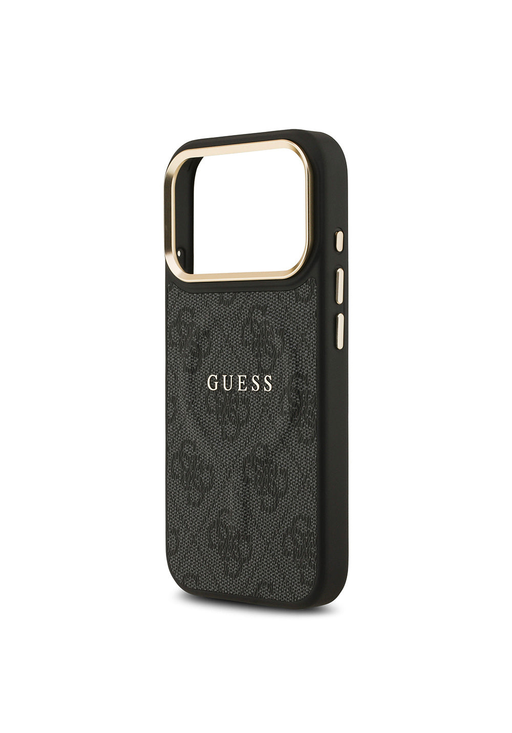 Apple iPhone 17 Pro Kılıf Guess Orijinal Lisanslı Manyetik Şarj Uyumlu Gold Metal Kamera Çerçeveli PU Deri 4G Desenli Yazı Logolu Kapak