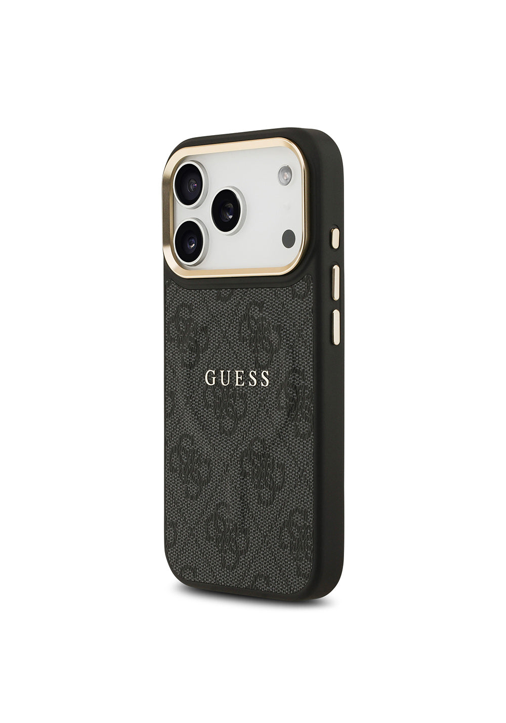 Apple iPhone 17 Pro Kılıf Guess Orijinal Lisanslı Manyetik Şarj Uyumlu Gold Metal Kamera Çerçeveli PU Deri 4G Desenli Yazı Logolu Kapak