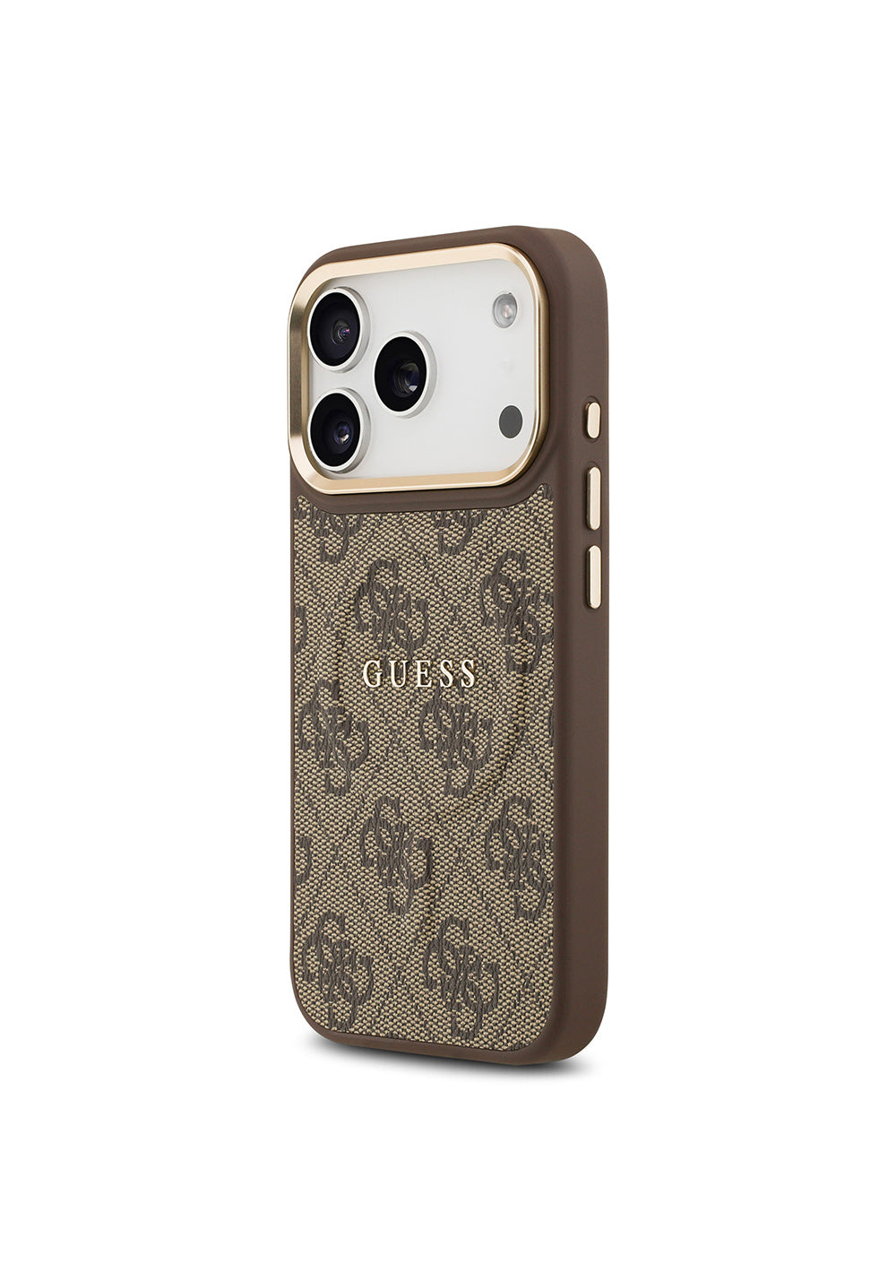 Apple iPhone 17 Pro Kılıf Guess Orijinal Lisanslı Manyetik Şarj Uyumlu Gold Metal Kamera Çerçeveli PU Deri 4G Desenli Yazı Logolu Kapak