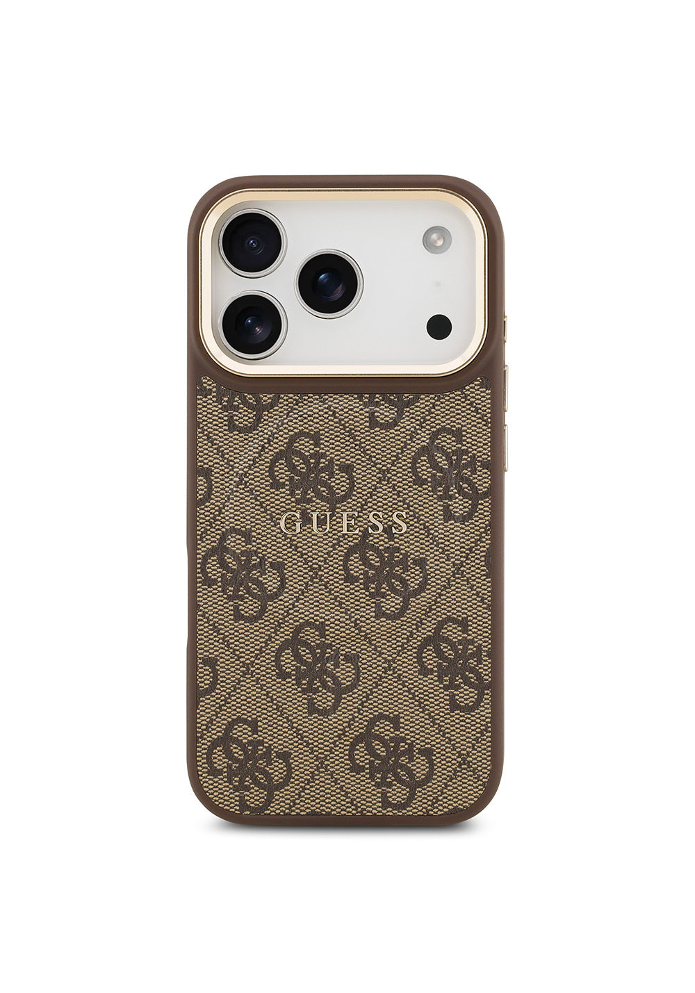 Apple iPhone 17 Pro Kılıf Guess Orijinal Lisanslı Manyetik Şarj Uyumlu Gold Metal Kamera Çerçeveli PU Deri 4G Desenli Yazı Logolu Kapak