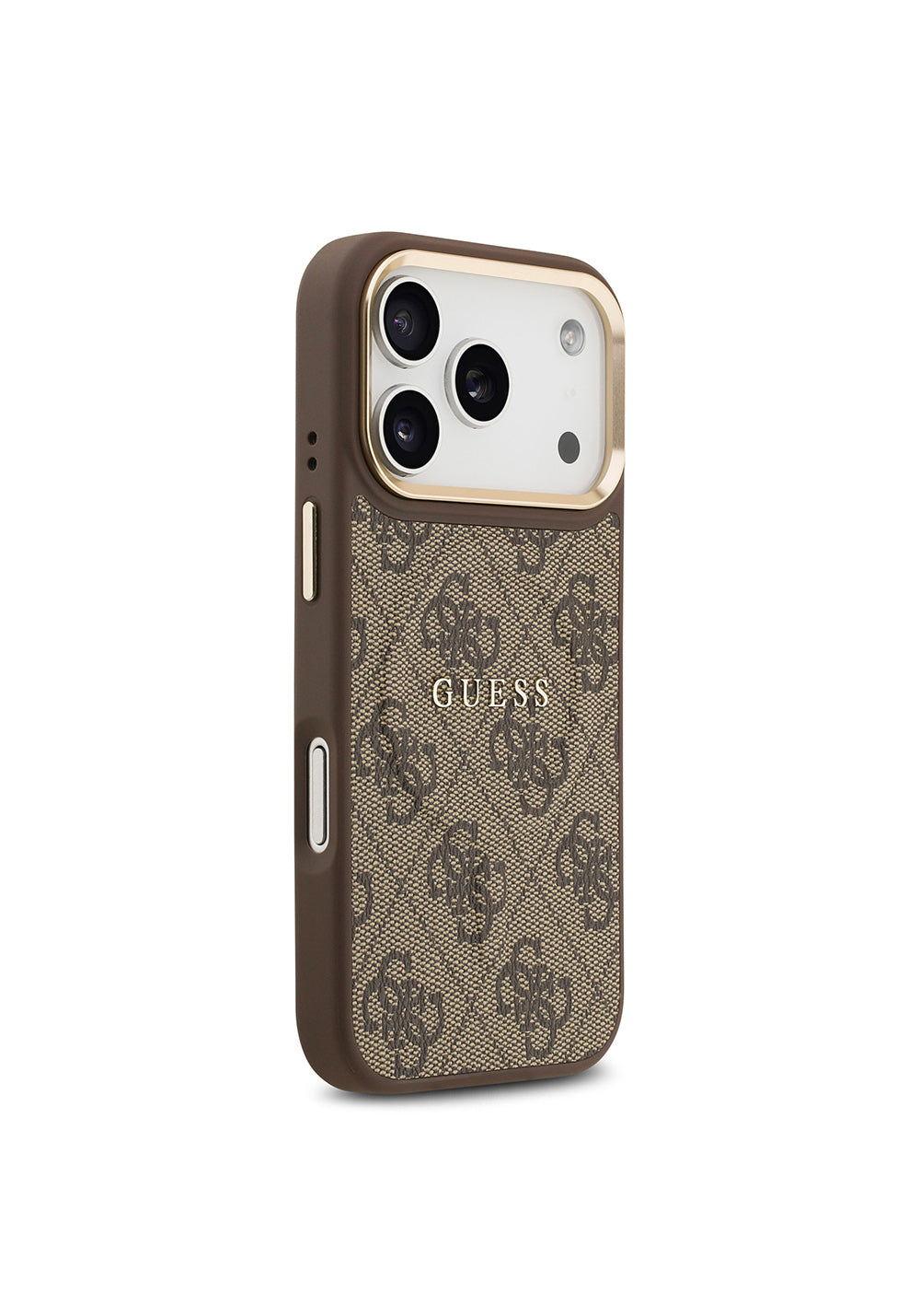 Apple iPhone 17 Pro Kılıf Guess Orijinal Lisanslı Manyetik Şarj Uyumlu Gold Metal Kamera Çerçeveli PU Deri 4G Desenli Yazı Logolu Kapak