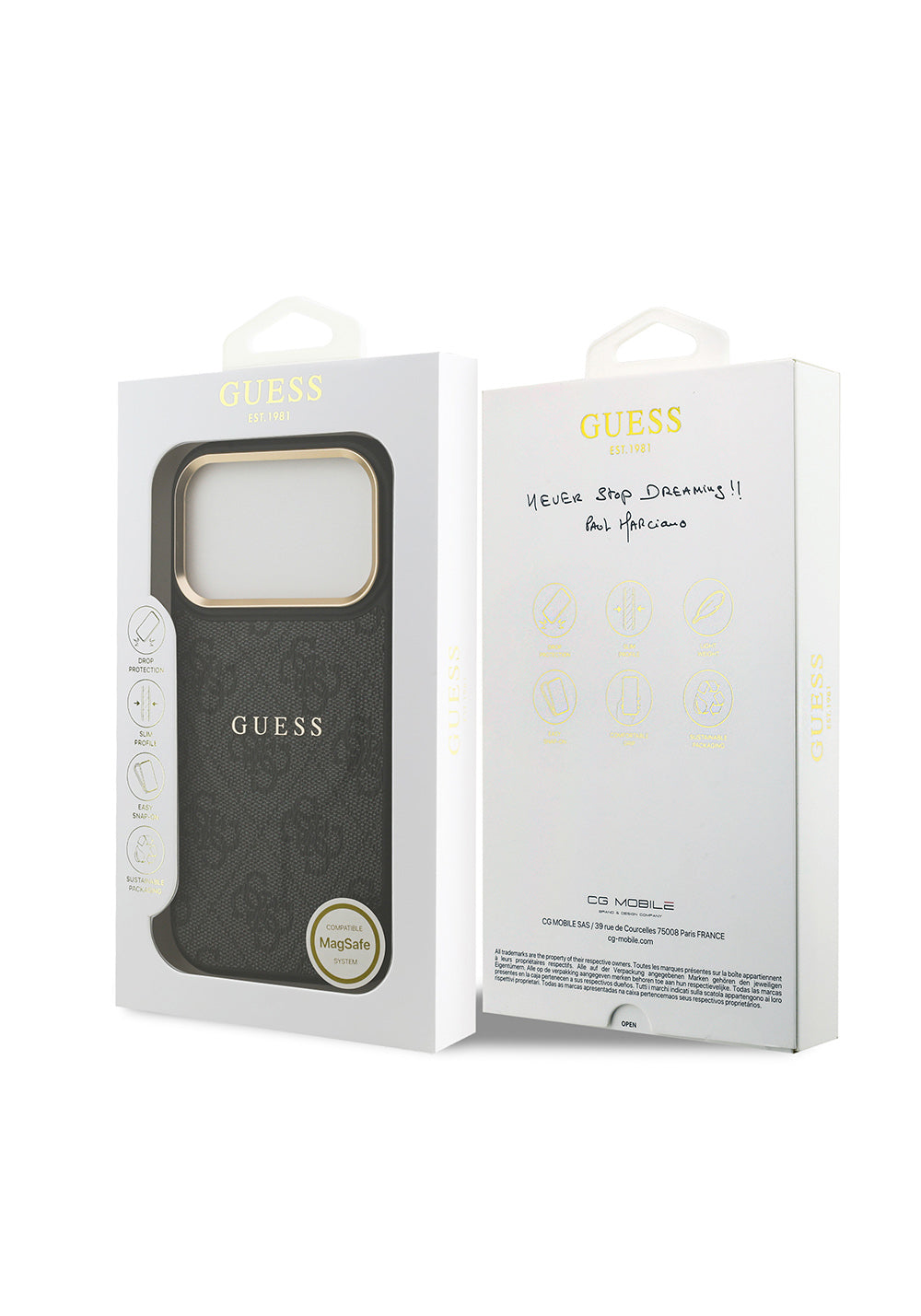 Apple iPhone 17 Pro Kılıf Guess Orijinal Lisanslı Manyetik Şarj Uyumlu Gold Metal Kamera Çerçeveli PU Deri 4G Desenli Yazı Logolu Kapak