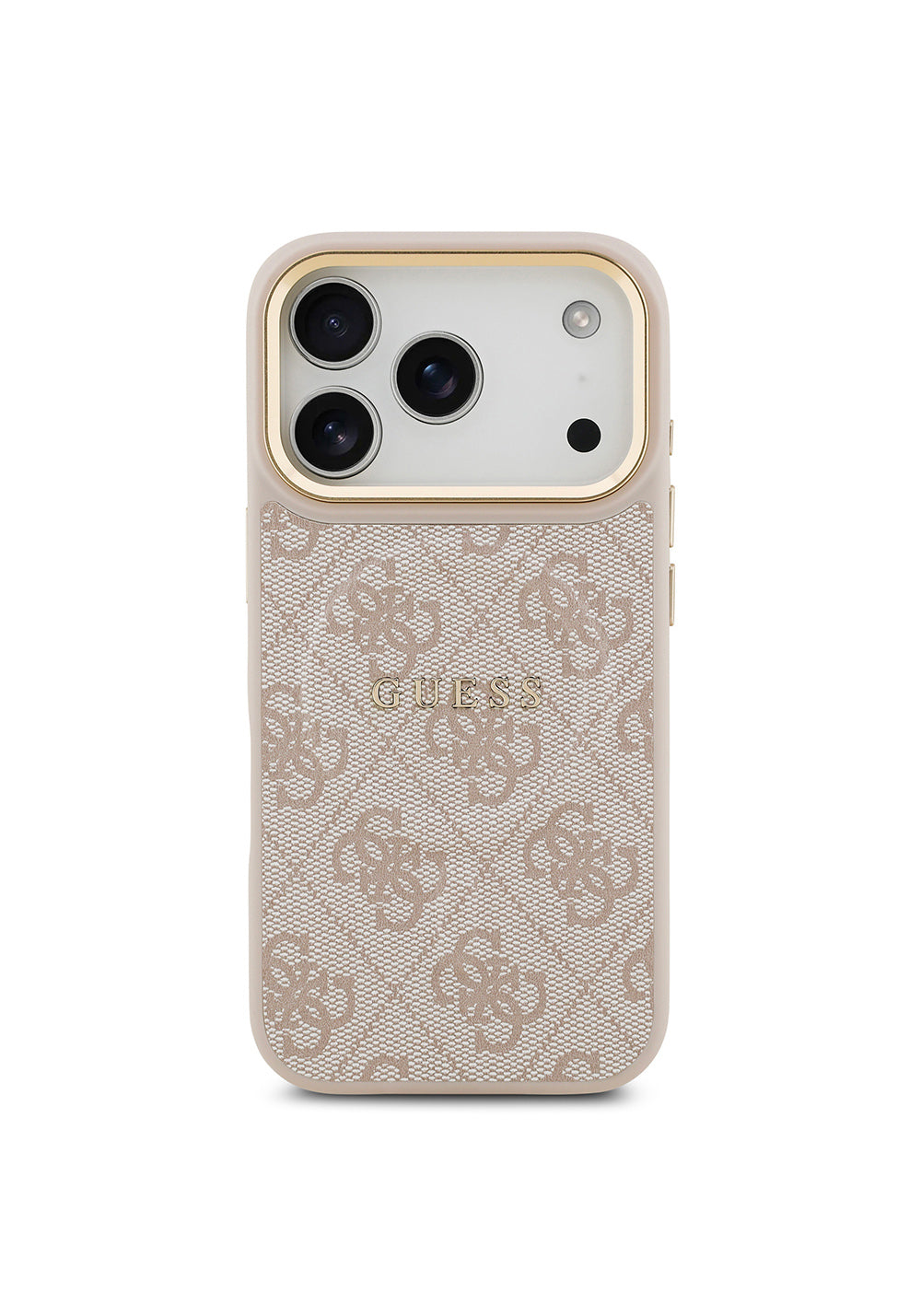 Apple iPhone 17 Pro Kılıf Guess Orijinal Lisanslı Manyetik Şarj Uyumlu Gold Metal Kamera Çerçeveli PU Deri 4G Desenli Yazı Logolu Kapak