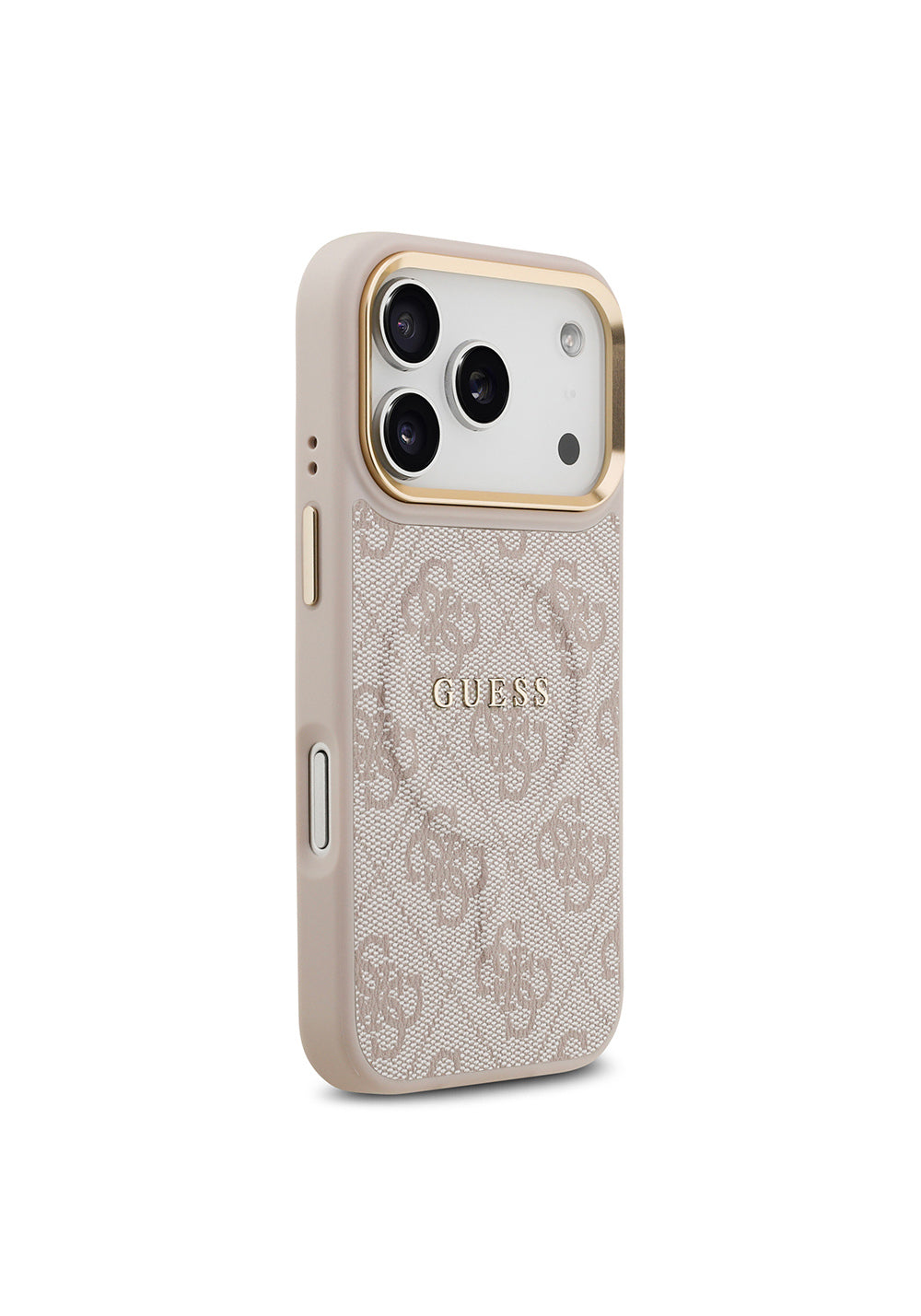 Apple iPhone 17 Pro Kılıf Guess Orijinal Lisanslı Manyetik Şarj Uyumlu Gold Metal Kamera Çerçeveli PU Deri 4G Desenli Yazı Logolu Kapak