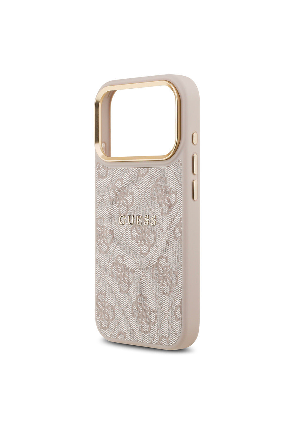 Apple iPhone 17 Pro Kılıf Guess Orijinal Lisanslı Manyetik Şarj Uyumlu Gold Metal Kamera Çerçeveli PU Deri 4G Desenli Yazı Logolu Kapak