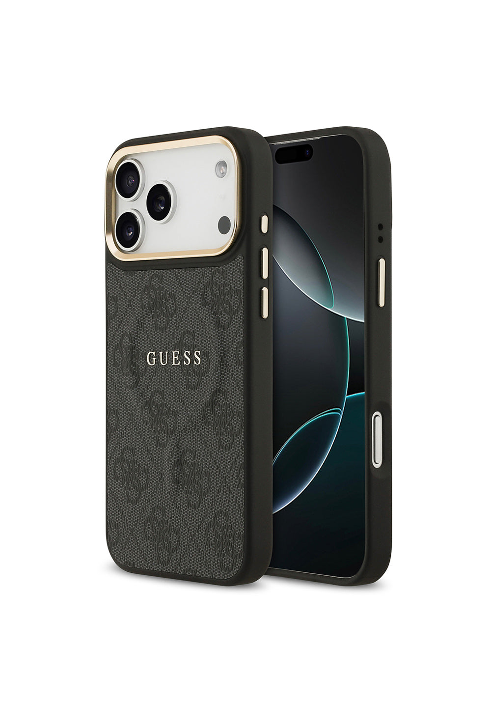 Apple iPhone 17 Pro Max Kılıf Guess Orijinal Lisanslı Manyetik Şarj Uyumlu Gold Metal Kamera Çerçeveli PU Deri 4G Desenli Yazı Logolu Kapak