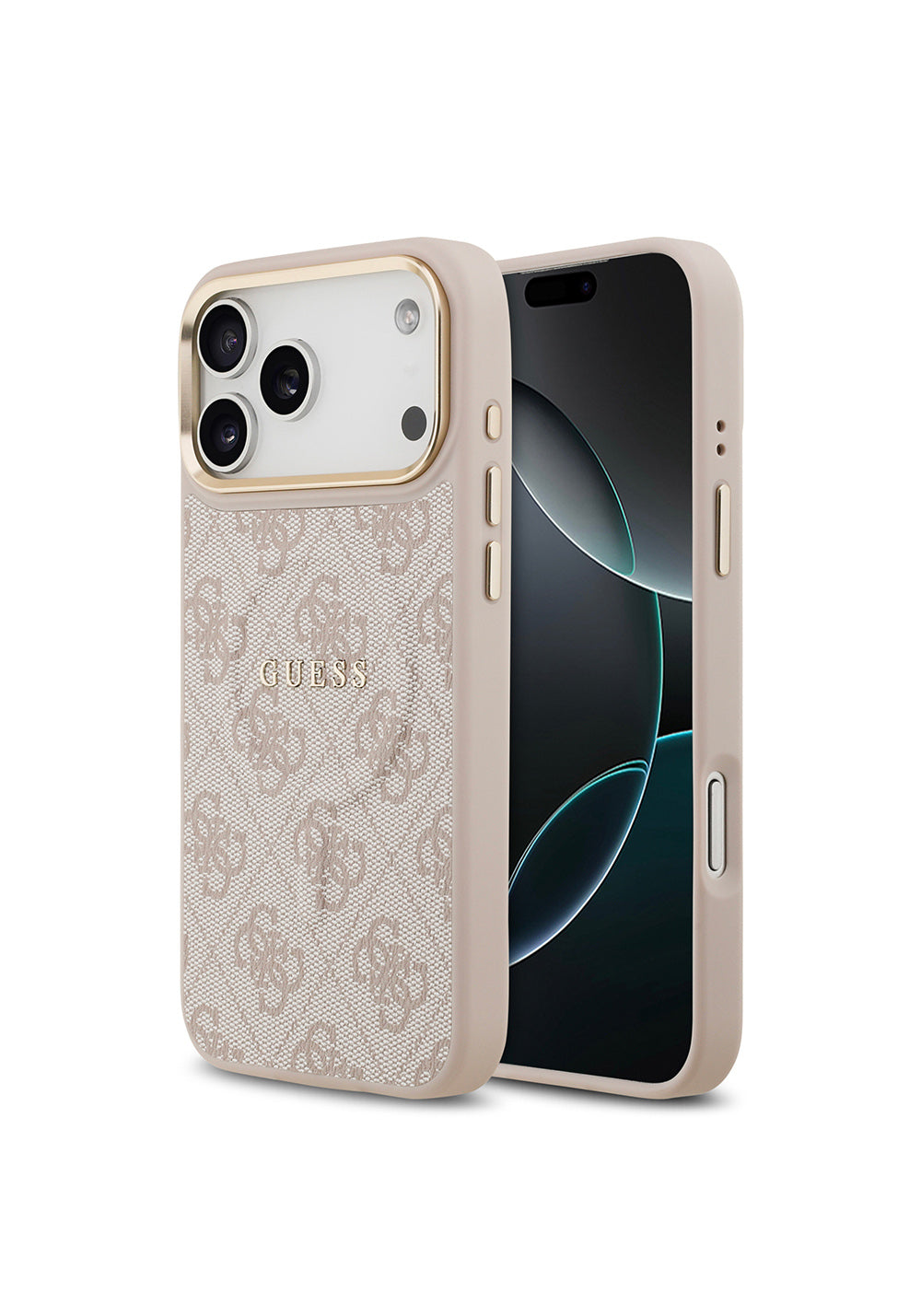 Apple iPhone 17 Pro Max Kılıf Guess Orijinal Lisanslı Manyetik Şarj Uyumlu Gold Metal Kamera Çerçeveli PU Deri 4G Desenli Yazı Logolu Kapak