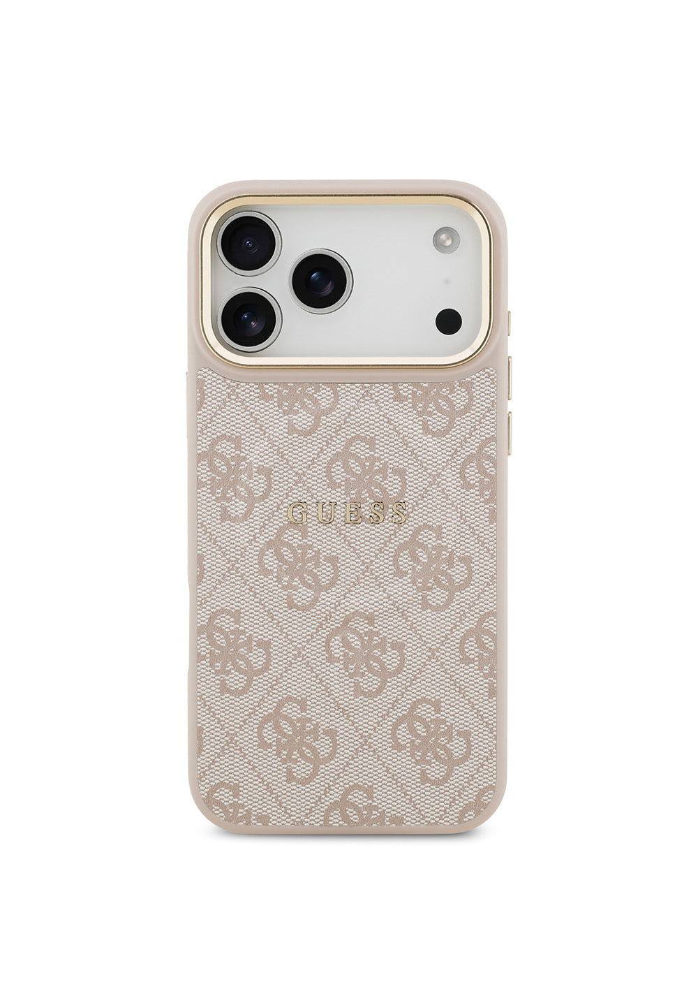 Apple iPhone 17 Pro Max Kılıf Guess Orijinal Lisanslı Manyetik Şarj Uyumlu Gold Metal Kamera Çerçeveli PU Deri 4G Desenli Yazı Logolu Kapak