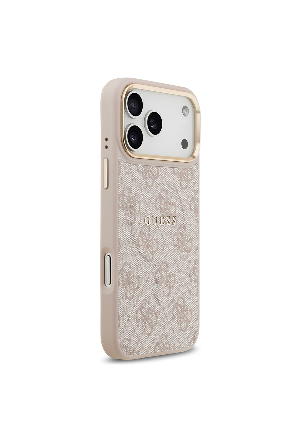 Apple iPhone 17 Pro Max Kılıf Guess Orijinal Lisanslı Manyetik Şarj Uyumlu Gold Metal Kamera Çerçeveli PU Deri 4G Desenli Yazı Logolu Kapak