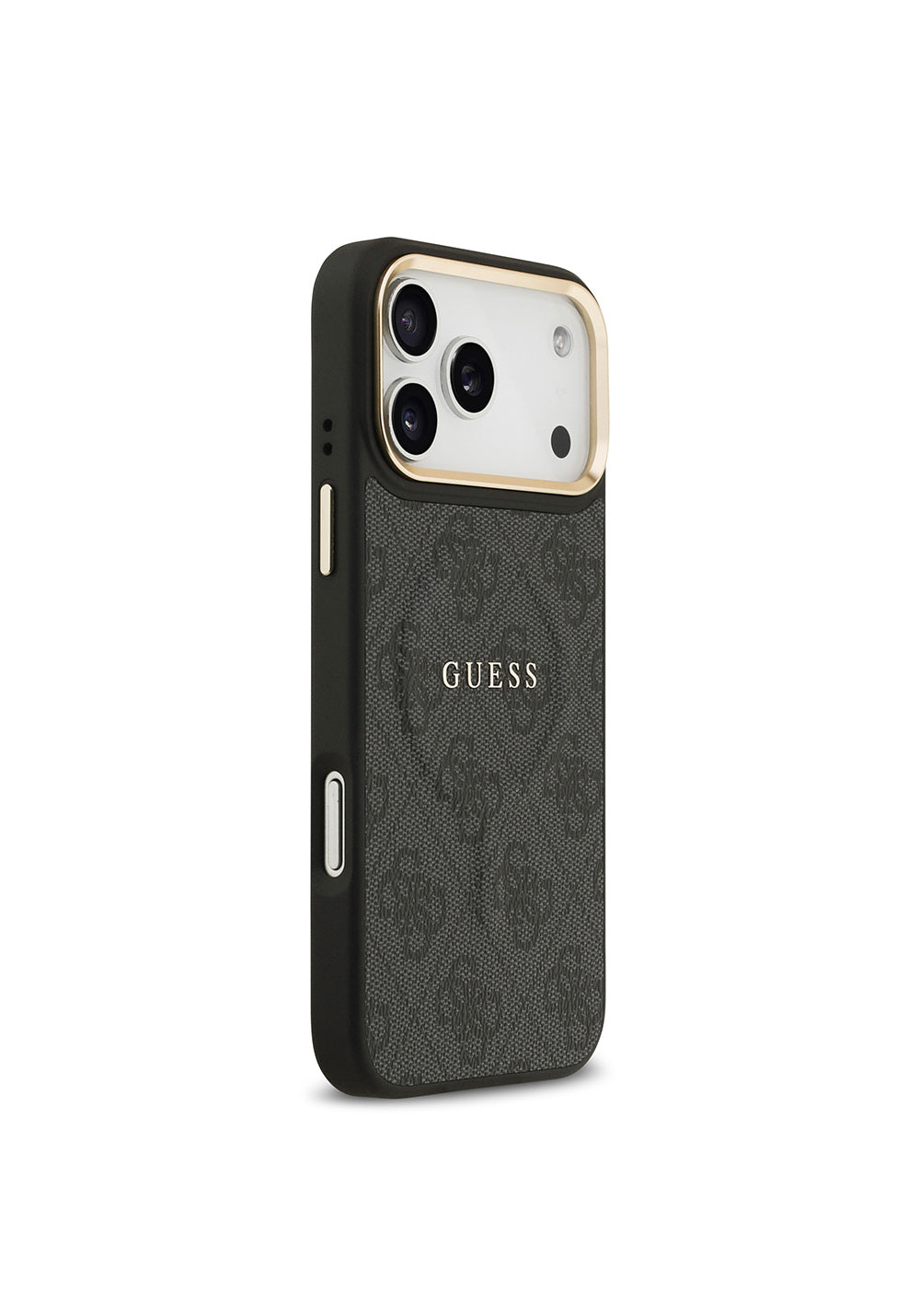 Apple iPhone 17 Pro Max Kılıf Guess Orijinal Lisanslı Manyetik Şarj Uyumlu Gold Metal Kamera Çerçeveli PU Deri 4G Desenli Yazı Logolu Kapak