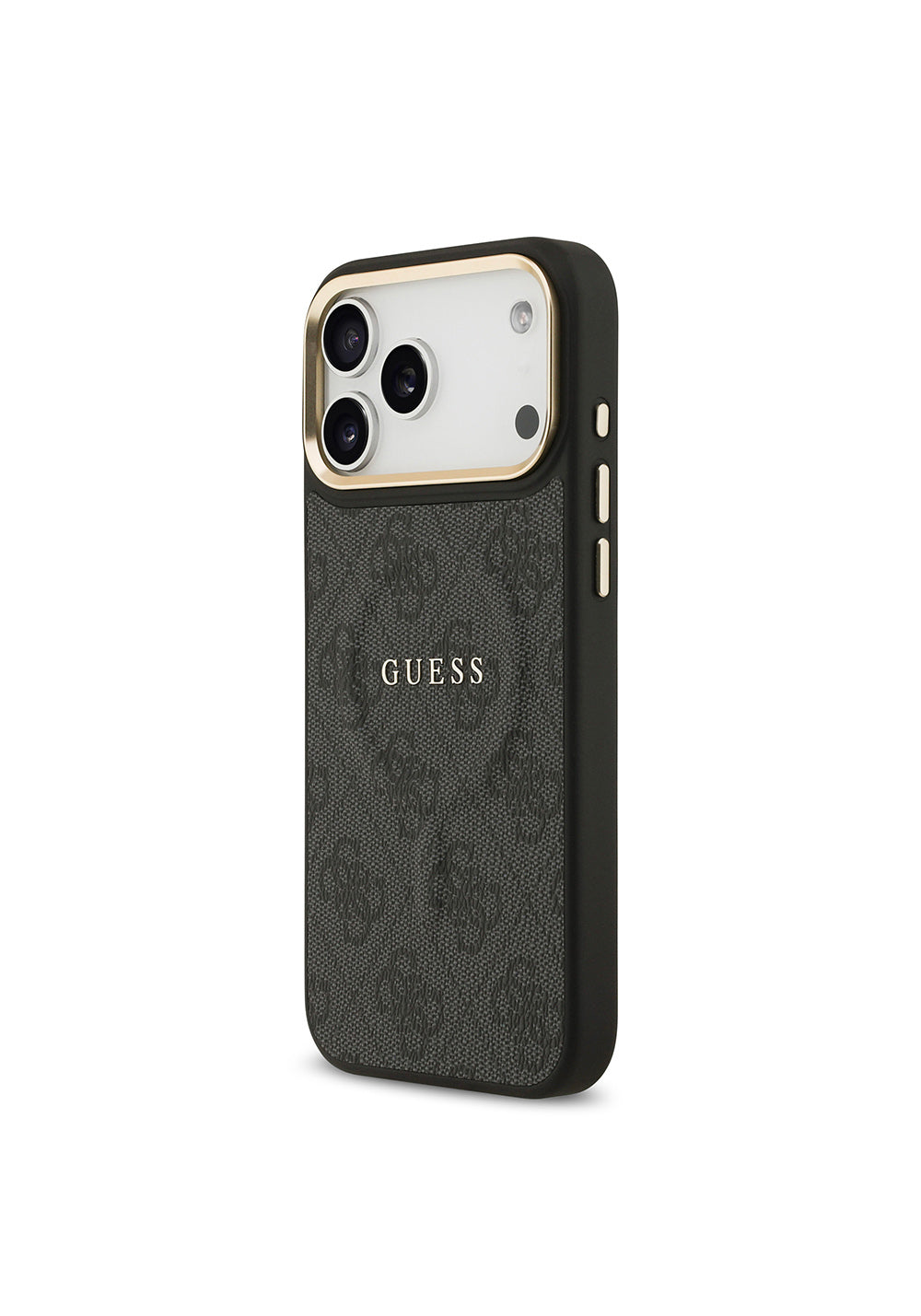 Apple iPhone 17 Pro Max Kılıf Guess Orijinal Lisanslı Manyetik Şarj Uyumlu Gold Metal Kamera Çerçeveli PU Deri 4G Desenli Yazı Logolu Kapak