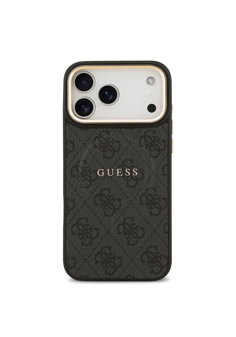 Apple iPhone 17 Pro Max Kılıf Guess Orijinal Lisanslı Manyetik Şarj Uyumlu Gold Metal Kamera Çerçeveli PU Deri 4G Desenli Yazı Logolu Kapak