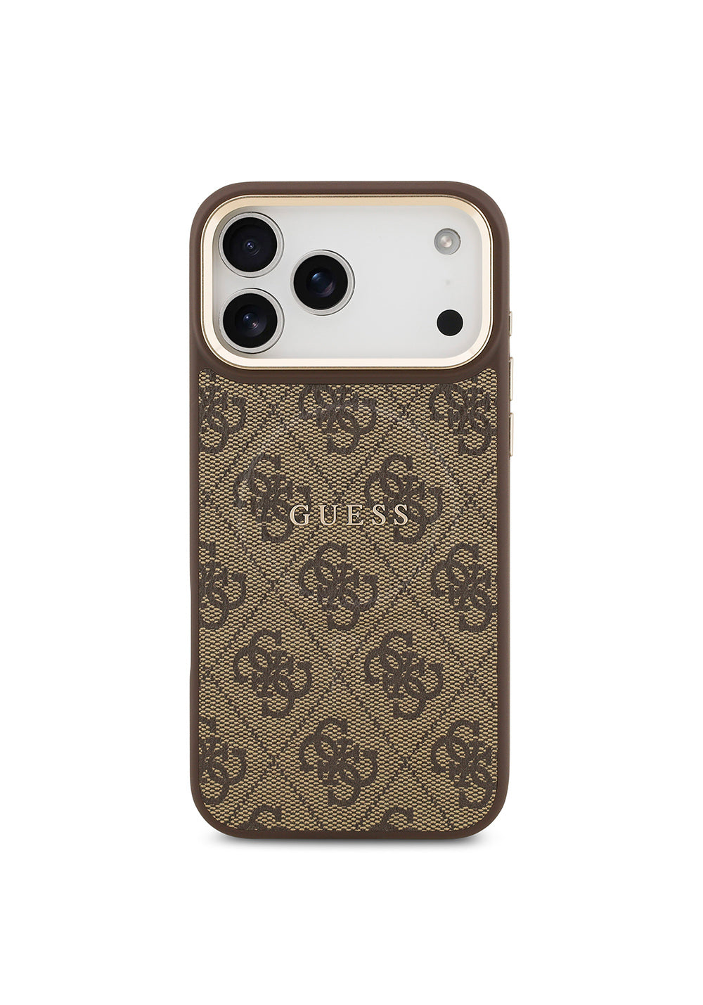 Apple iPhone 17 Pro Max Kılıf Guess Orijinal Lisanslı Manyetik Şarj Uyumlu Gold Metal Kamera Çerçeveli PU Deri 4G Desenli Yazı Logolu Kapak