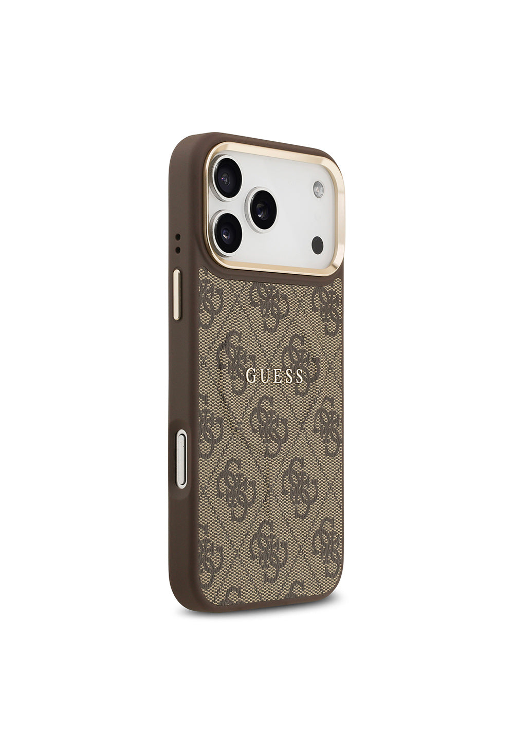 Apple iPhone 17 Pro Max Kılıf Guess Orijinal Lisanslı Manyetik Şarj Uyumlu Gold Metal Kamera Çerçeveli PU Deri 4G Desenli Yazı Logolu Kapak