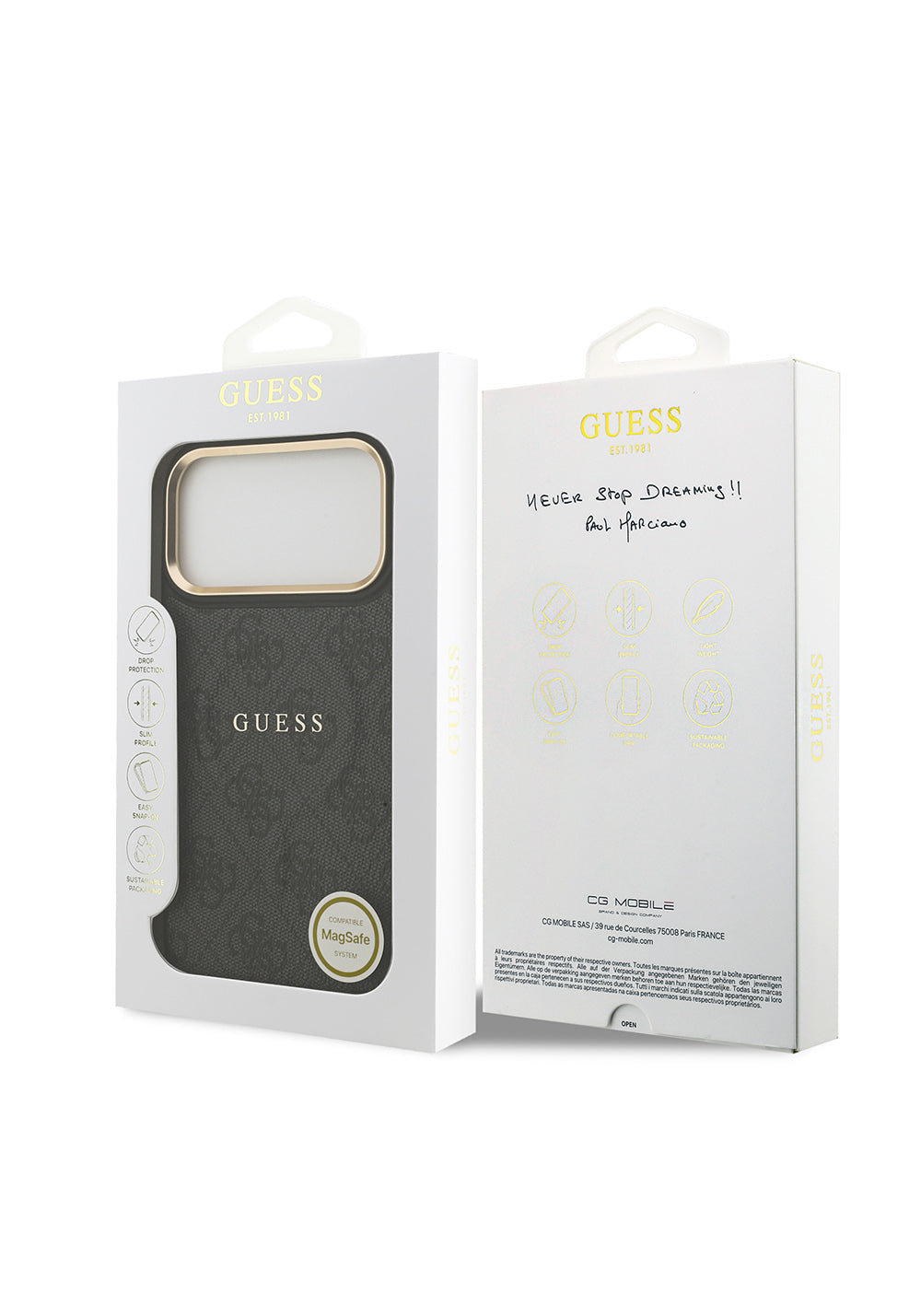 Apple iPhone 17 Pro Max Kılıf Guess Orijinal Lisanslı Manyetik Şarj Uyumlu Gold Metal Kamera Çerçeveli PU Deri 4G Desenli Yazı Logolu Kapak